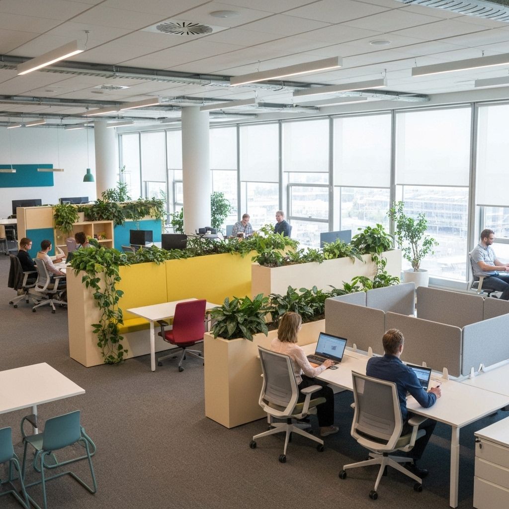 Modern office workspace with laptops and documents